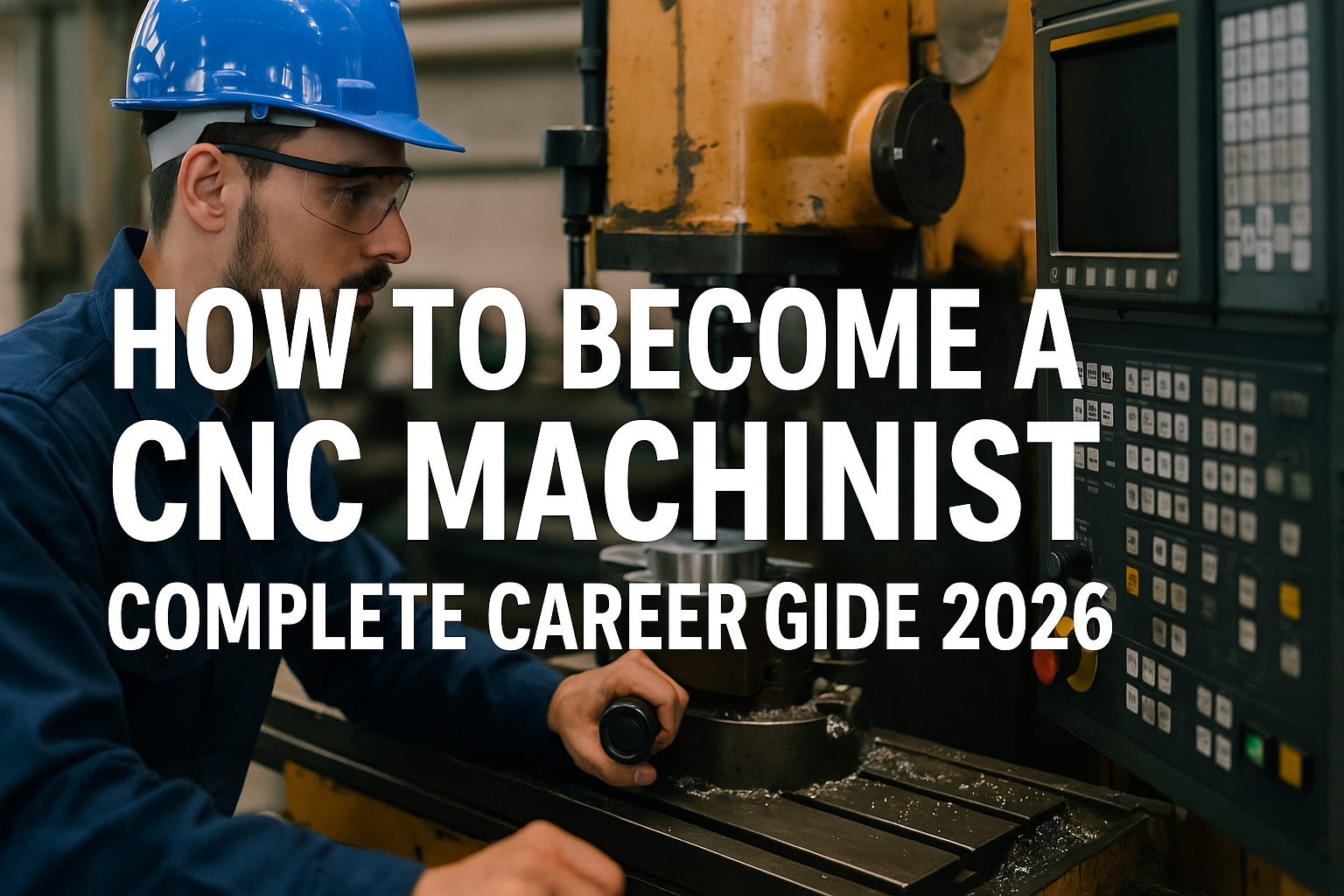 CNC machinist operating a milling machine with career guide title overlay for 2026 blog post