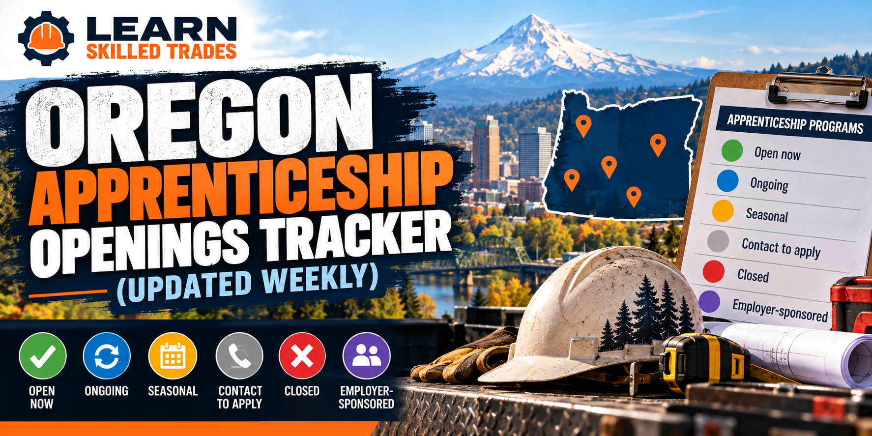 Oregon Apprenticeship Openings Tracker, updated weekly, with status key: open now, ongoing, seasonal, contact to apply, closed, employer-sponsored
